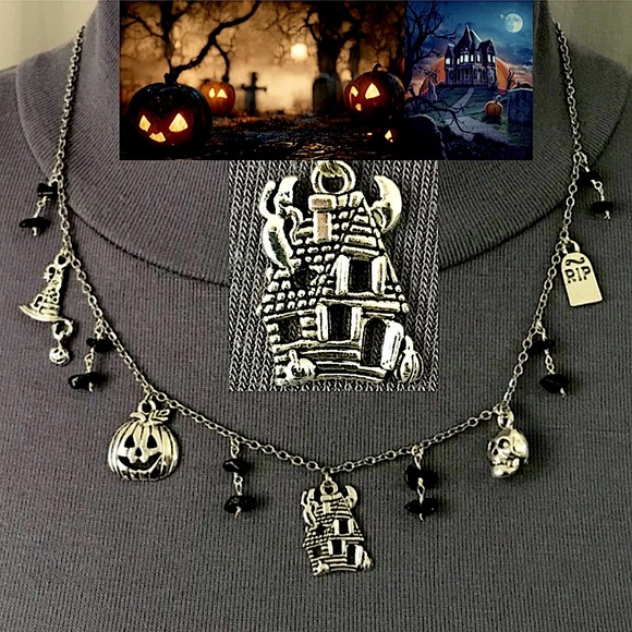 “All Hallows Eve" Handmade Silver Halloween Charm Necklace Haunted House Pumpkin - Picture 1 of 15
